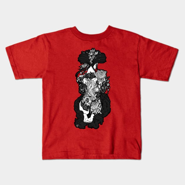 Koi fish tattoo on geisha girl back with kuki flowers Kids T-Shirt by Paulina Gravagno